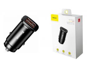 Автомобильное зарядное устройство BASEUS Square metal, 2*USB, 5A, 30 Вт, черный, быстрая зарядка