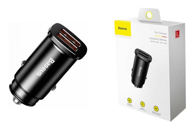 Автомобильное зарядное устройство BASEUS Square metal, 2*USB, 5A, 30 Вт, черный, быстрая зарядка