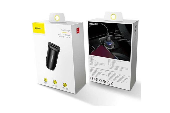 Автомобильное зарядное устройство BASEUS Square metal, 2*USB, 5A, 30 Вт, черный, быстрая зарядка