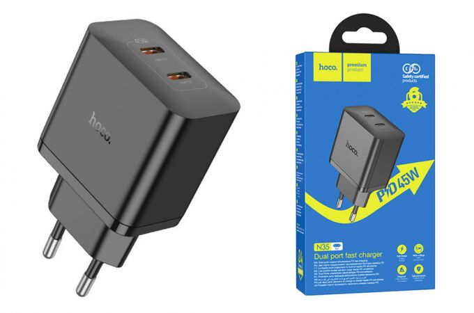 Сетевое зарядное устройство 2USB-C HOCO N35 PD45W (черный)