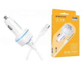 Автомобильное зарядное устройство АЗУ 2USB + кабель MicroUSB BOROFONE BZ14 Max 2400mAh (белый)