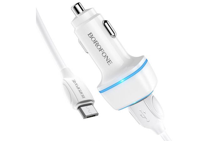 Автомобильное зарядное устройство АЗУ 2USB + кабель MicroUSB BOROFONE BZ14 Max 2400mAh (белый)