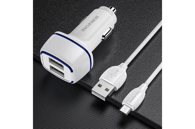 Автомобильное зарядное устройство АЗУ 2USB + кабель MicroUSB BOROFONE BZ14 Max 2400mAh (белый)