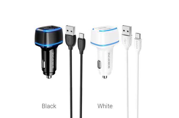 Автомобильное зарядное устройство АЗУ 2USB + кабель MicroUSB BOROFONE BZ14 Max 2400mAh (белый)