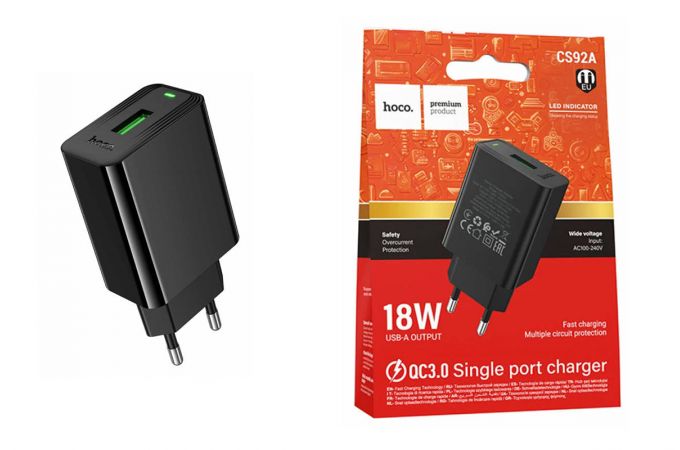 Сетевое зарядное устройство USB HOCO CS92A Leader QC 3.0 18W  (черный)