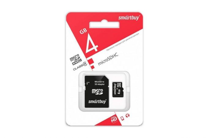 Карта памяти microSDHC Smartbuy 4 GB (class 10) с адаптером