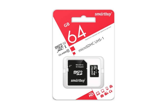 Карта памяти microSDXC Smartbuy 64 GB UHS-1 (сlass 10) с адаптером (SB64GBSDCL10-01)