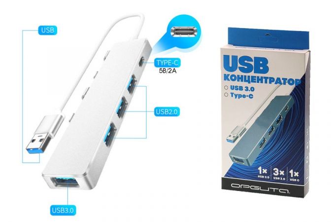 Разветвитель USB HUB Орбита OT-PCR21 USB 2.0 (4*USB+Type-C) (серебристый)