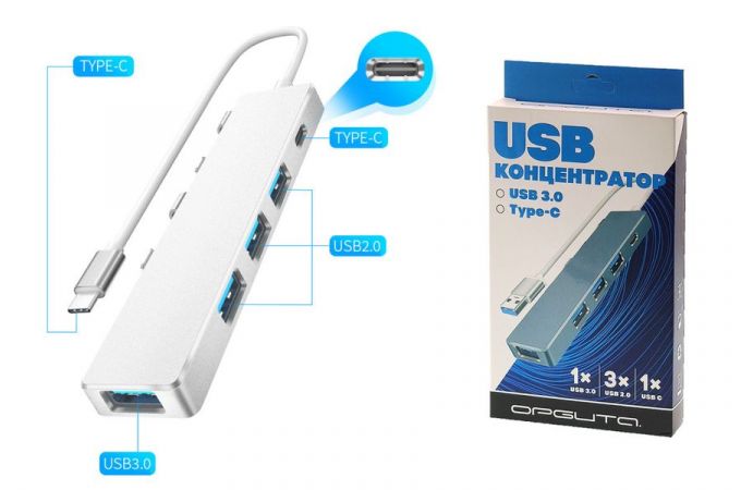 Разветвитель USB HUB Орбита OT-PCR20 USB 2.0 (4*USB+Type-C) (серебристый)