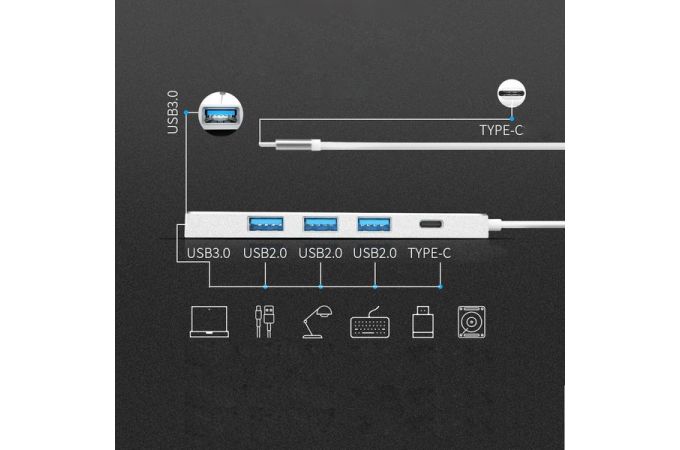 Разветвитель USB HUB Орбита OT-PCR20 USB 2.0 (4*USB+Type-C) (серебристый)