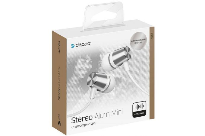 Наушники вакуумные проводные Deppa (44184) Stereo Alum Mini, (серебристый)