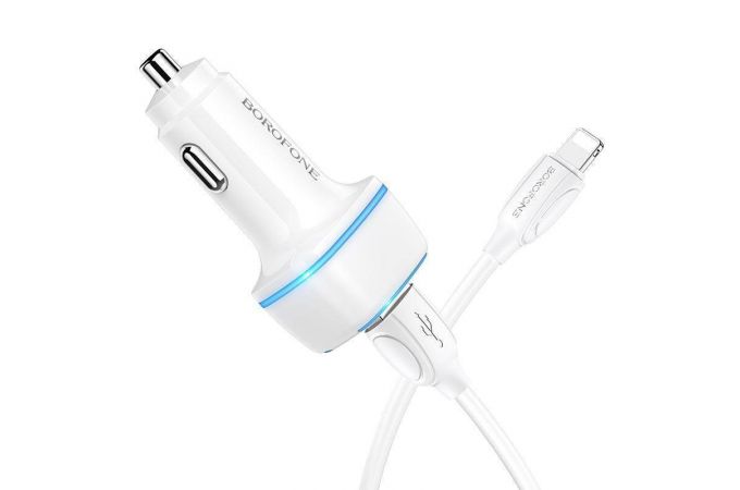 Автомобильное зарядное устройство АЗУ 2USB + кабель Lightning BOROFONE BZ14 Max 2400 mAh (белый)