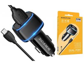 Автомобильное зарядное устройство АЗУ 2USB + кабель MicroUSB BOROFONE BZ14 Max 2400 mAh ambient light (черный)