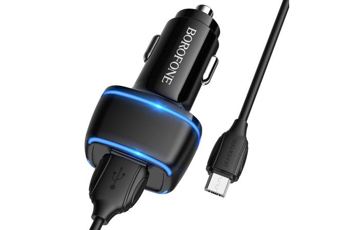 Автомобильное зарядное устройство АЗУ 2USB + кабель MicroUSB BOROFONE BZ14 Max 2400 mAh ambient light (черный)