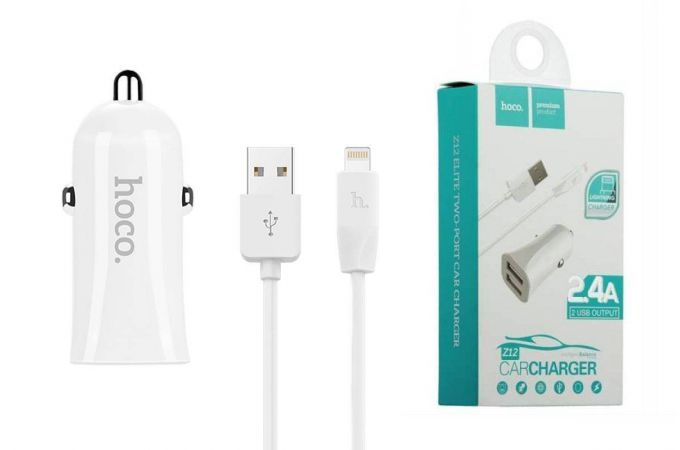 Автомобильное зарядное устройство АЗУ 2USB + кабель Lightning HOCO Z12 3100mAh (белый)