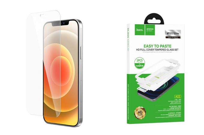 Защитное стекло дисплея iPhone 12/12 Pro (6.1) HOCO A22 Easy stick HD tempered film set (прозрачное с черной рамкой противоударное с оксидом алюминия)