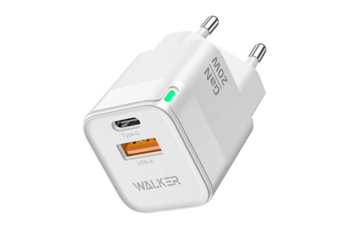 Сетевое зарядное устройство USB + USB-C WALKER WH-42 GaN, 3А, 20Вт, быстрая зарядка QC 3.0+PD, белое