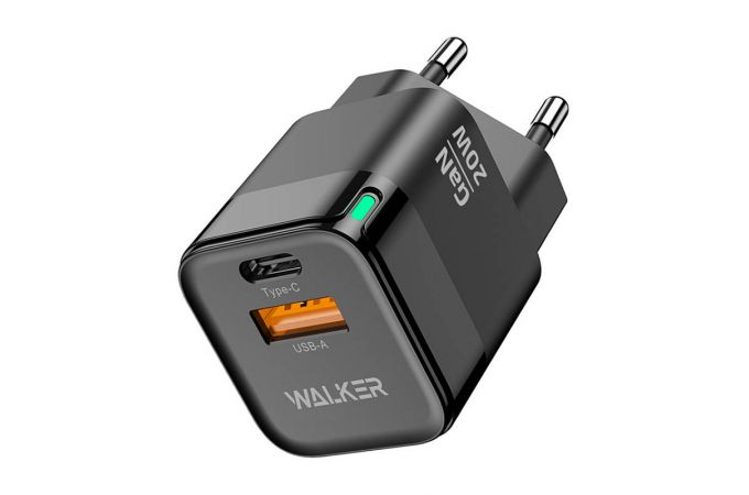 Сетевое зарядное устройство USB + USB-C WALKER WH-42 GaN, 3А, 20Вт, быстрая зарядка QC 3.0+PD, черное