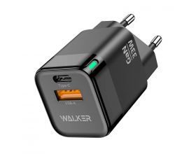 Сетевое зарядное устройство USB + USB-C WALKER WH-43 GaN, 3А, 33Вт, быстрая зарядка QC 3.0+PD, черное