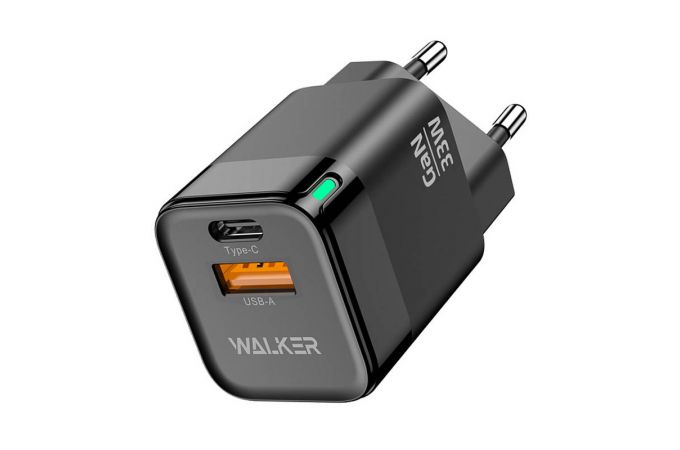 Сетевое зарядное устройство USB + USB-C WALKER WH-43 GaN, 3А, 33Вт, быстрая зарядка QC 3.0+PD, черное