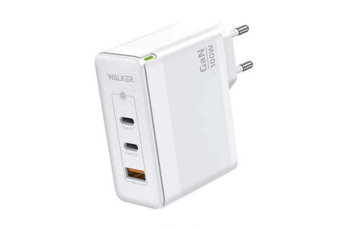 Сетевое зарядное устройство USB + 2 USB-C WALKER WH-47 GaN, 3.25А, 100Вт, быстрая зарядка QC 3.0+PD, белое