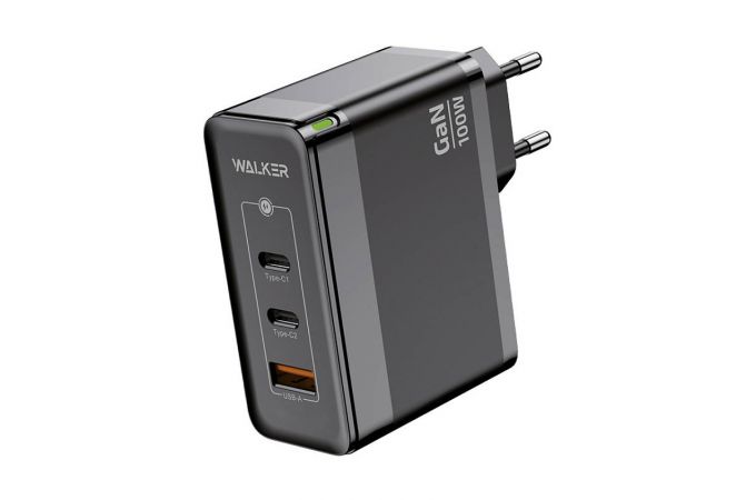 Сетевое зарядное устройство USB + 2 USB-C WALKER WH-47 GaN, 3.25А, 100Вт, быстрая зарядка QC 3.0+PD, черное