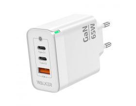 Сетевое зарядное устройство USB + 2 USB-C  WALKER WH-45 GaN, 3.25А, 65Вт, быстрая зарядка QC 3.0+PD, белое