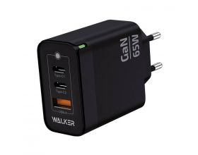 Сетевое зарядное устройство USB + 2 USB-C WALKER WH-45 GaN, 3.25А, 65Вт, быстрая зарядка QC 3.0+PD, черное