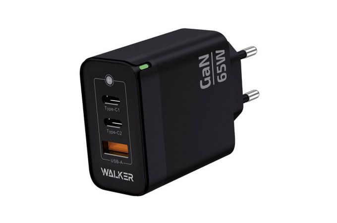 Сетевое зарядное устройство USB + 2 USB-C WALKER WH-45 GaN, 3.25А, 65Вт, быстрая зарядка QC 3.0+PD, черное