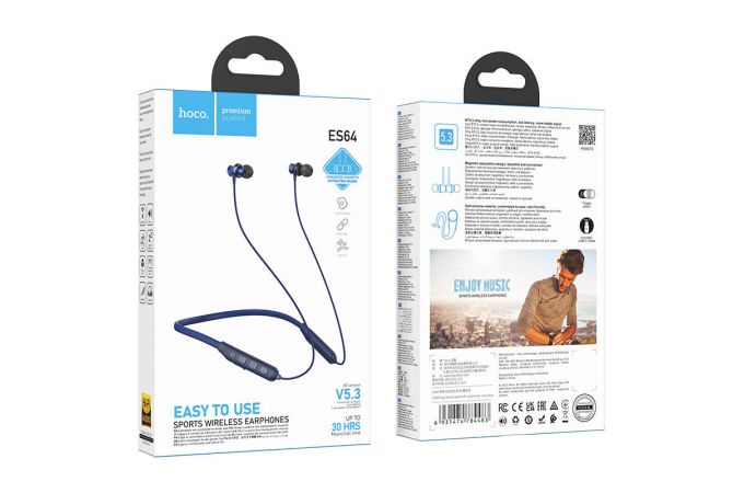 Наушники вакуумные беспроводные HOCO ES64 Easy Sound sports BT earphones headset Bluetooth (синий)