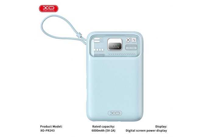 Универсальный дополнительный аккумулятор Power Bank XO PR243 22.5W Fully Compatible Digital Fast Charging r (comes with iP, TYPE-C cable)10000mAh Blue