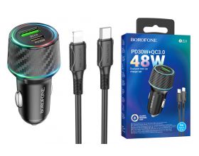 Автомобильное зарядное устройство АЗУ USB + Type-C + кабель Lightning BOROFONE BZ21 Briliant dual port PD 48W + QC3.0 (черный)