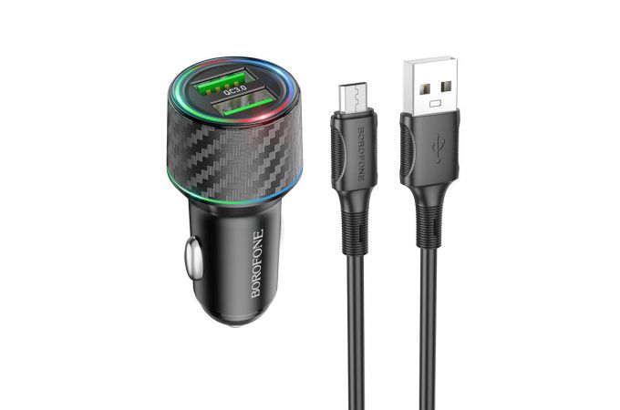 Автомобильное зарядное устройство АЗУ 2USB + кабель MicroUSB BOROFONE BZ21A Briliant 36W QC3.0 (черный)