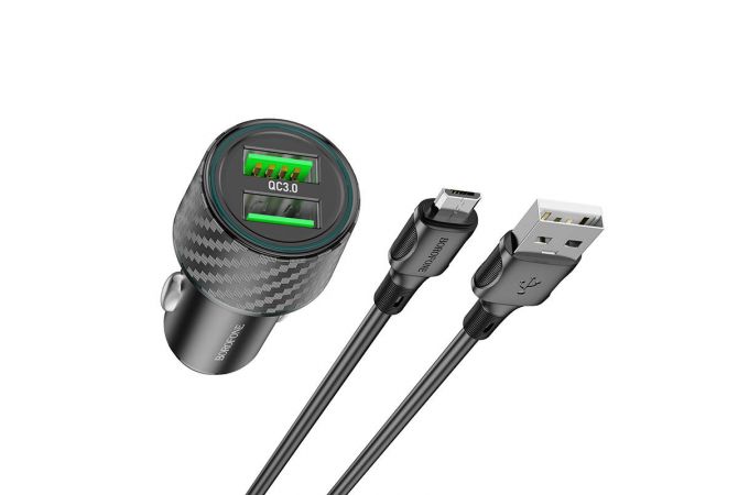 Автомобильное зарядное устройство АЗУ 2USB + кабель MicroUSB BOROFONE BZ21A Briliant 36W QC3.0 (черный)