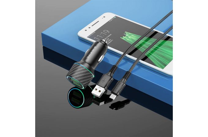 Автомобильное зарядное устройство АЗУ 2USB + кабель MicroUSB BOROFONE BZ21A Briliant 36W QC3.0 (черный)