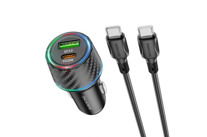 Автомобильное зарядное устройство АЗУ USB + Type-C + кабель Type-C - Type-C Borofone BZ21 PD30W + QC3.0 (черный)