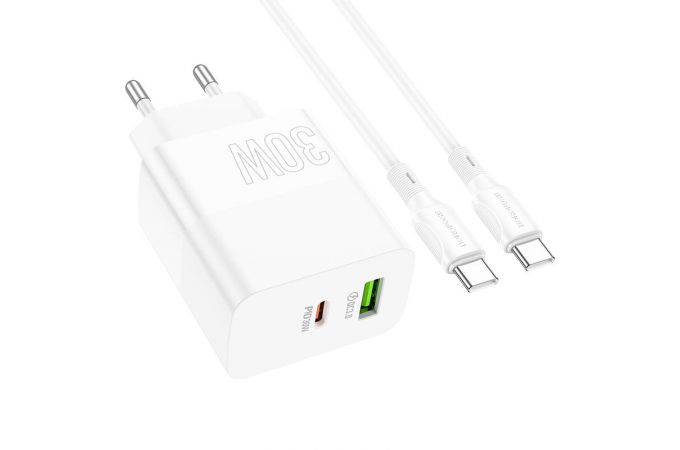 Сетевое зарядное устройство USB+USB-C + кабель Type-C-Type-C BOROFONE BA75A Powerful PD30W + QC3.0 (белый)