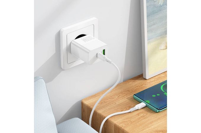 Сетевое зарядное устройство USB+USB-C + кабель Type-C-Type-C BOROFONE BA75A Powerful PD30W + QC3.0 (белый)