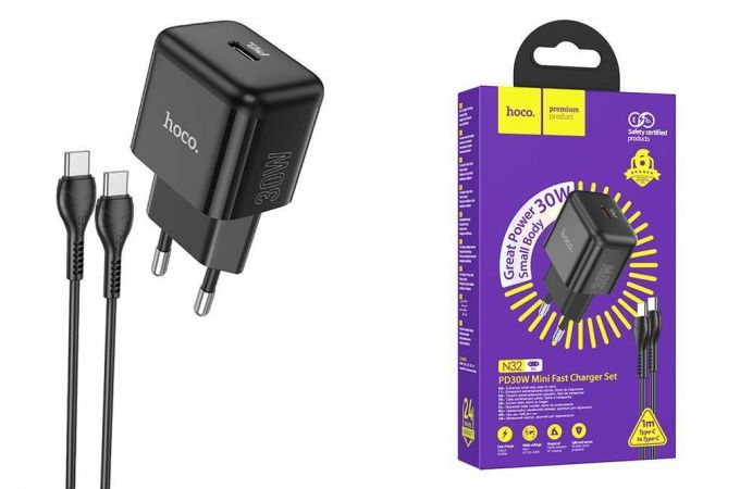 Сетевое зарядное устройство USB-C + кабель Type-C HOCO N32 PD30W (черный)