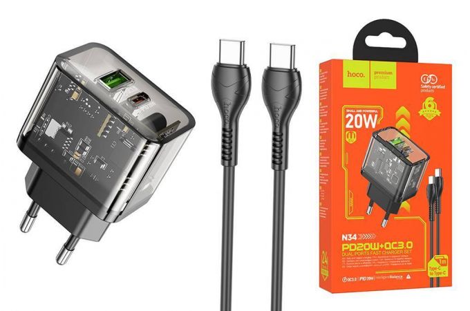 Сетевое зарядное устройство USB + USB-C + кабель Type-C HOCO N34 PD20W + QC3.0 (черный)