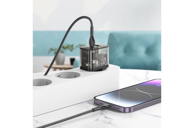 Сетевое зарядное устройство USB + USB-C + кабель Lightning-Type-C HOCO N34 Dazzling PD20W+ QC 3.0 (прозрачно-черный)