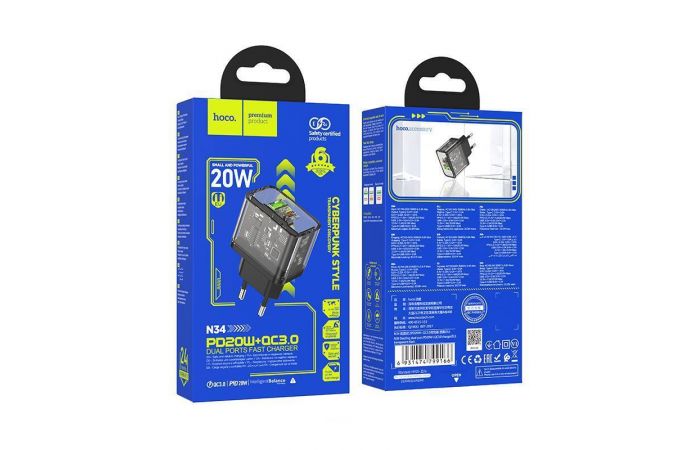 Сетевое зарядное устройство USB + USB-C HOCO N34 PD20W+ QC3.0 (прозрачно-черный)