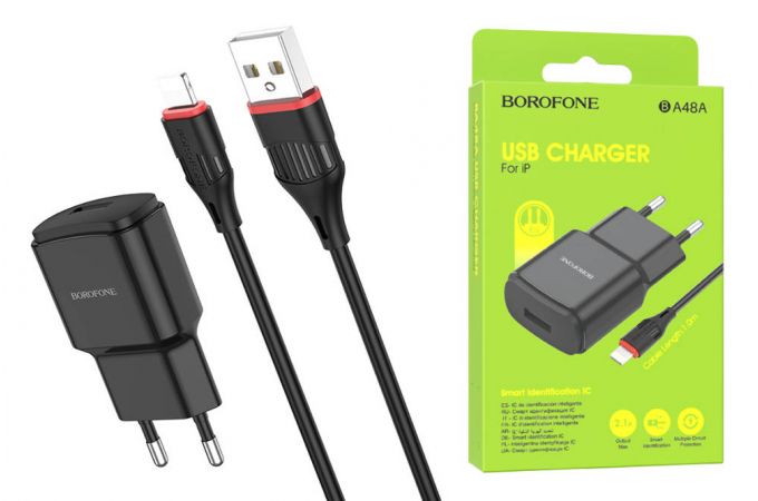 Сетевое зарядное устройство USB + кабель Lightning BOROFONE BA48A single port charger set (черный)