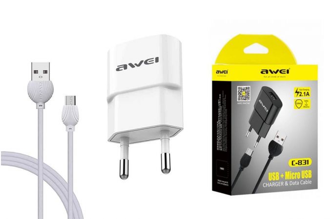 Сетевое зарядное устройство USB + кабель MicroUSB AWEI C-831 (белый)