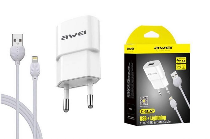 Сетевое зарядное устройство USB + кабель Lightning AWEI C-832 (белый)