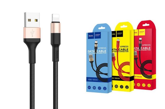 Кабель USB - Lightning HOCO X26, 2,4A (черно-золотистый) 1м (в оплетке)