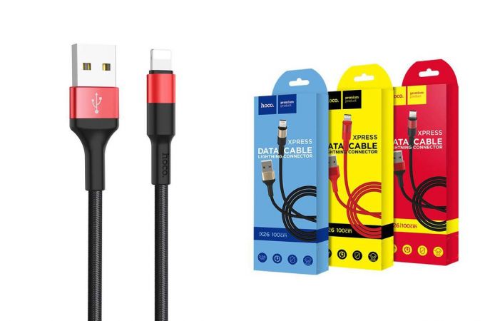 Кабель USB - Lightning HOCO X26, 2,4A (черно-красный) 1м (в оплетке)