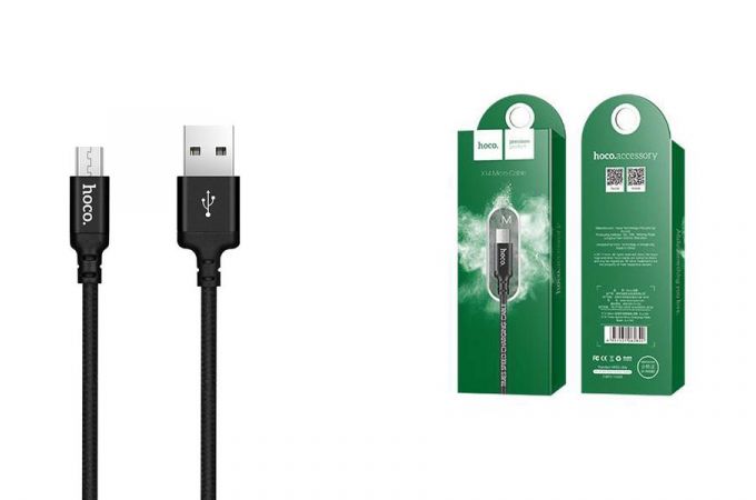 Кабель USB - MicroUSB HOCO X14 2,4A (черный) 2м (в оплетке)