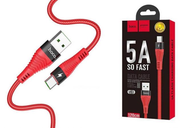 Кабель USB - USB Type-C HOCO U53, 5A (красный) 1,2м (в оплетке)