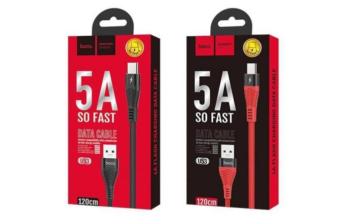 Кабель USB - USB Type-C HOCO U53, 5A (красный) 1,2м (в оплетке)